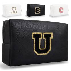 HENGNI Kleine personalisierte Initiale Brief Make-up Tasche, niedliche wasserdichte PU Leder Chenille Brief Kosmetiktasche Reise Make-up Tasche, adrette Make-up Tasche Toilettenartikel Reißverschluss von HENGNI