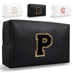 HENGNI Kleine personalisierte Initiale Brief Make-up Tasche, niedliche wasserdichte PU Leder Chenille Brief Kosmetiktasche Reise Make-up Tasche, adrette Make-up Tasche Toilettenartikel Reißverschluss von HENGNI