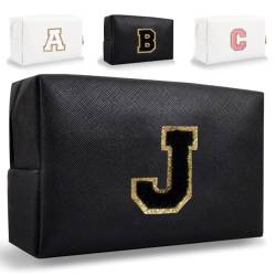 HENGNI Kleine personalisierte Initiale Brief Make-up Tasche, niedliche wasserdichte PU Leder Chenille Brief Kosmetiktasche Reise Make-up Tasche, adrette Make-up Tasche Toilettenartikel Reißverschluss von HENGNI