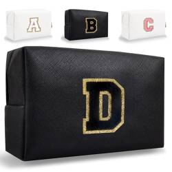 HENGNI Kleine personalisierte Initiale Brief Make-up Tasche, niedliche wasserdichte PU Leder Chenille Brief Kosmetiktasche Reise Make-up Tasche, adrette Make-up Tasche Toilettenartikel Reißverschluss von HENGNI