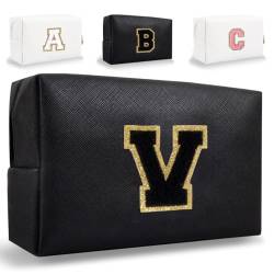 HENGNI Kleine personalisierte Initiale Brief Make-up Tasche, niedliche wasserdichte PU Leder Chenille Brief Kosmetiktasche Reise Make-up Tasche, adrette Make-up Tasche Toilettenartikel Reißverschluss von HENGNI