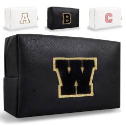 HENGNI Kleine personalisierte Initiale Brief Make-up Tasche, niedliche wasserdichte PU Leder Chenille Brief Kosmetiktasche Reise Make-up Tasche, adrette Make-up Tasche Toilettenartikel Reißverschluss von HENGNI