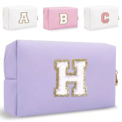 HENGNI Kleine personalisierte Make-up-Tasche mit Initialenbuchstaben, niedlich, wasserdicht, PU-Leder, Chenille, Briefe, Kosmetiktasche, Reise-Make-up-Tasche, adretter Make-up-Kulturbeutel, von HENGNI