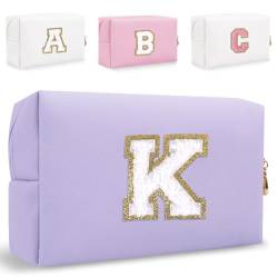 HENGNI Kleine personalisierte Make-up-Tasche mit Initialenbuchstaben, niedlich, wasserdicht, PU-Leder, Chenille, Briefe, Kosmetiktasche, Reise-Make-up-Tasche, adretter Make-up-Kulturbeutel, von HENGNI