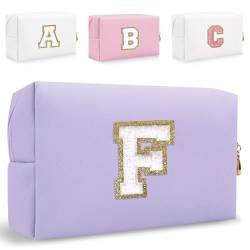 HENGNI Kleine personalisierte Make-up-Tasche mit Initialenbuchstaben, niedlich, wasserdicht, PU-Leder, Chenille, Briefe, Kosmetiktasche, Reise-Make-up-Tasche, adretter Make-up-Kulturbeutel, von HENGNI