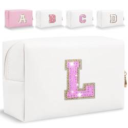 Make-up-Tasche mit Glitzer-Anfangsbuchstaben, kleine personalisierte Pailletten-Buchstaben, PU-Leder, Kosmetiktasche, tragbar, wasserdicht, Make-up-Reißverschlusstasche, glänzende Handtasche, von HENGNI