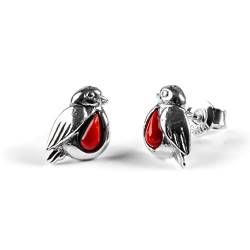 Miniatur Rotkehlchen Ohrstecker in 925 Sterling Silber und rote Koralle Weihnachtsschmuck mit Geschenkbox, Silber, Koralle von HENRYKA