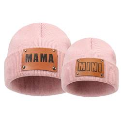 2 Stück Eltern-Kind Beanie Mütze Mama und Mini Leder Patch Strickmütze Winter Warm Bündchen Skimütze, Pink, Mittel von HENWASAI