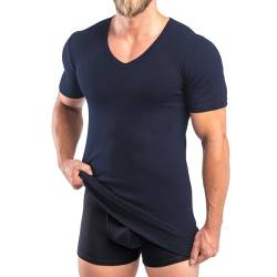 HERMKO 488710 Extralanges Herren Kurzarm Shirt +6 cm V-Neck mit Bund als Abschluss aus 100% Bio-Baumwolle, Größe:D 5 = EU M, Farbe:Marine von HERMKO