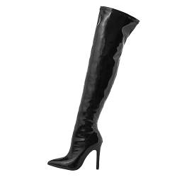 HERSIL Weicher Lackleder-Innenreißverschluss mit hohem Absatz, modische elastische Overknee-Stiefel für den Außenbereich Winter Damen Schuhe 43 (Black, 40) von HERSIL