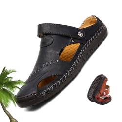 HESYSUAN Große Größe, weiches Leder, atmungsaktive Outdoor-Sandalen, Leder-Strandschuhe, Herren-Nähen, Echtleder-Sandalen, Schwarz , 43 EU von HESYSUAN