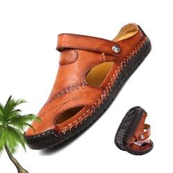 HESYSUAN Große Größe, weiches Leder, atmungsaktive Outdoor-Sandalen, Leder-Strandschuhe, Herren-Nähen, Echtleder-Sandalen, rotbraun, 40 EU von HESYSUAN