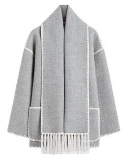 HESYSUAN Hepburn Style Woolen Cape Coat,Woolen Coat Long Sleeve Tassel Scarf Coat with Pockets Loose Coat with Scarf and Fringe (Grey,XL) von HESYSUAN