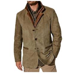 HESYSUAN Herren-Blazer aus Wildleder, Vintage-Stil, doppellagig, Revers, Pelz, Lederkragen, mittellang, Mantel, Herbst, Winter, Outdoor-Blazer, khaki, XL von HESYSUAN