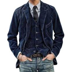 HESYSUAN Herren Vintage Cord Revers Jacke Einfarbig Cord Blazer Revers Taschen Übergang Slim Fit Warm Herren Anzugjacke Arbeitsblazer, blau, XL von HESYSUAN