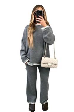 HESYSUAN Knitted Two-Piece Set for Women Fashion Solid Colour Casual Loose Two Piece Set 2 Piece Outfits Knitted Sweater Long Pant (Grey,L) von HESYSUAN