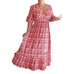 HESYSUAN Langes Kleid im Bohemian-Stil, lässiger Druck, V-Ausschnitt, Taillenwickel, Sommer, modisch, charmant, langes Kleid mit V-Ausschnitt, Bohemian-Wickel-V-Ausschnitt, 3/4-Ärmel, rot, X-Large von HESYSUAN