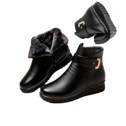 HESYSUAN PU Leder Metall Schnalle Samt Stiefel Winter rutschfeste Warme Ältere Stiefel Winter Gepolsterte mittleren Alters Leder Baumwolle Schuhe, Schwarz , 37 EU von HESYSUAN