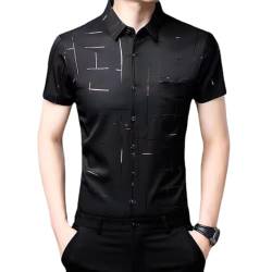Herren-Hemd aus Eisseide,lässig,mit Bronzing-Aufdruck,Sommer-Kurzarm-T-Shirt mittleren Alters, lässiges Button-Down-Luxus-formelles Hemd (Black,L/170) von HESYSUAN