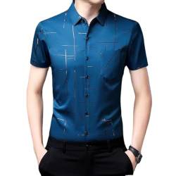 Herren-Hemd aus Eisseide,lässig,mit Bronzing-Aufdruck,Sommer-Kurzarm-T-Shirt mittleren Alters, lässiges Button-Down-Luxus-formelles Hemd (Blue,4XL/190) von HESYSUAN