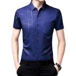 Herren-Hemd aus Eisseide,lässig,mit Bronzing-Aufdruck,Sommer-Kurzarm-T-Shirt mittleren Alters, lässiges Button-Down-Luxus-formelles Hemd (Navy Blue,4XL/190) von HESYSUAN