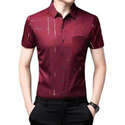 Herren-Hemd aus Eisseide,lässig,mit Bronzing-Aufdruck,Sommer-Kurzarm-T-Shirt mittleren Alters, lässiges Button-Down-Luxus-formelles Hemd (Red,XXL/180) von HESYSUAN