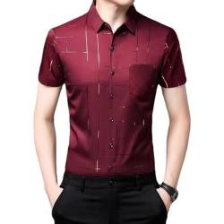 Herren-Hemd aus Eisseide,lässig,mit Bronzing-Aufdruck,Sommer-Kurzarm-T-Shirt mittleren Alters, lässiges Button-Down-Luxus-formelles Hemd (Red,XXXL/185) von HESYSUAN