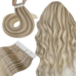 Hetto Tape Extensions Echthaar Blond Haarverlangerung Tape Echthaar Unsichtbar Tape in Extensions Remy Aschenblonde Highlights #P17/23 35cm 50g von HETTO