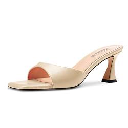 HEUIVZAR Damen Mittlerem Kitten Absatz Heel Peep Open Eckige Zehenkappe Pantoletten Schuhe Slip-on Büroschuhe Party Cute 6.5 CM Heels Beige 38 EU von HEUIVZAR