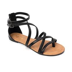 HEVA Damen Casual Riemchensandalen Komfort Einstellbare Flache Sandalen（6UK 39EU,Schwarz） von HEVA