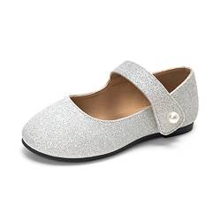 HEVA Klassische Mary-Jane-Schuhe für Mädchen mit Klettverschluss, Flache Schuhe für Hochzeitskleider Schulschuhe(6UK 23EU,Glitzersilber) von HEVA