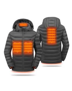 HEWINZE Beheizbare Graue Jacke Herren mit kapuze,Warme Pufferjacke Herren mit akku 5V 10000mAh,Winterjacke für Outdoor Wandern Jagd Motorrad Camping von HEWINZE