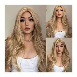 Haarteile TINY LANA Lange gewellte blonde synthetische Perücken mit Highlights im Mittelteil for Afro-Frauen, Cosplay, natürliches Haar, hitzebeständige Faser Perücken von HEXEH