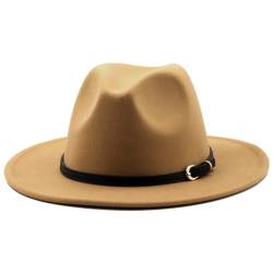 HEYANN Fedora Hut Damen Herren Klassische mit breiter Krempe mit Gürtelschnalle Filz Unisex Trilby-Hut Herren Panama Hut Jazz Hut für Damen Herren (M, Kamelhaar) von HEYANN