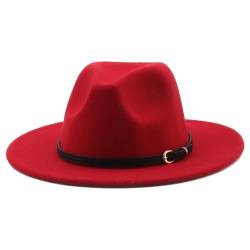 HEYANN Fedora Hut Damen Herren Klassische mit breiter Krempe mit Gürtelschnalle Filz Unisex Trilby-Hut Herren Panama Hut Jazz Hut für Damen Herren (M, Rot) von HEYANN