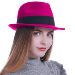 HEYANN Fedora Hut Herren Damen Mode Filz Hüte für Herren Damen 56-58cm Wollfilz Herrenhut Jazz Cap Kurzer Krempe Trilby Hut mit Eleganter Panama Hut Damen Gentlemans (M/L, Magenta) von HEYANN