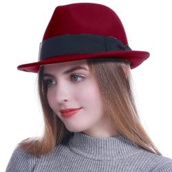 HEYANN Fedora Hut Herren Mode Filz Hüte für Herren Damen 56-58cm Wollfilz Herrenhut Jazz Cap Kurzer Krempe Trilby Hut mit Eleganter Panama Hut Damen Gentlemans (M/L, Weinrot) von HEYANN