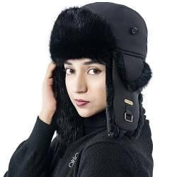 HEYANN Fliegermütze Echtfell Herren, Uschanka Winter Trapper Hut Kaninchenfell Fuzzy Wintermütze Warme Russenmütze Ushanka Pelzmütze mit Ohrenklappen für Männer Frauen (2XL-3XL, Schwarz) von HEYANN