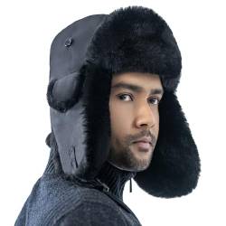 HEYANN Uschanka Trapper Russische Hütte Kunstpelz Cap Earflap Winter Bomber Hut Wintermütze Unisex Fliegermütze Fellmütze Erwachsenen für Herren (Small-Medium, Schwarz-schwarzesTatu) von HEYANN