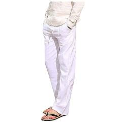 Track Pants Outdoor Hosen für Herren Herrenhose aus Leinen Einfarbig Entspannte Passform Lässige Gerade Beine Hose Sommerhose Herren Lang und Leicht Strandhose Herren mit Taschen Weiß L von HEYCE