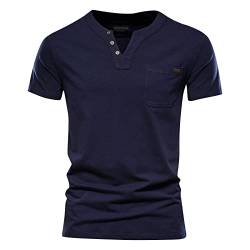 Tshirt Herren Hemd Henley Shirt Herren Kurzarm Slim Fit Herre T Shirt Herren V Ausschnitt Freizeithemden für Herren T Shirts Männer Unifarben Strand Shirt Herren mit Tasche blau 3XL von HEYCE