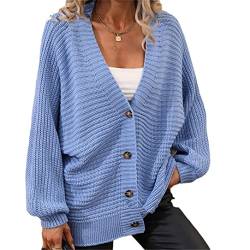 Damen V-Ausschnitt Langarm Knopfleiste Solide Strickjacke Pullover Herbst Winter Vintage Casual Lose, blau, XL von HEYDHSDC