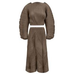 HEYDHSDC 2-teiliges Set für Damen, unregelmäßig, einfarbig, kurzes Oberteil und Hose, Herbstfalten, Herbst, lässig, zweiteiliges Set, Curry, One size von HEYDHSDC