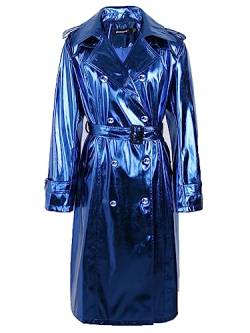 HEYDHSDC Frühling Herbst Lange Glänzende Reflektierende Patent Leder Trenchcoat Für Frauen Schärpen Zweireiher Blue XL von HEYDHSDC