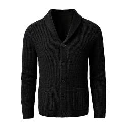 HEYDHSDC Herren-Strickjacke Mit Schalkragen, Schmale Passform, Zopfmuster, Knopfleiste, Schwarzer Merinowolle-Pullover Black 3XL von HEYDHSDC