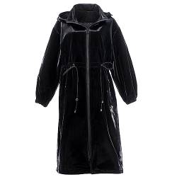 HEYDHSDC Langer Schwarzer, Warmer, Übergroßer, Glänzender Lackleder-Trenchcoat Für Damen, Langärmeliger Windjacke Mit Reißverschluss Black XL von HEYDHSDC