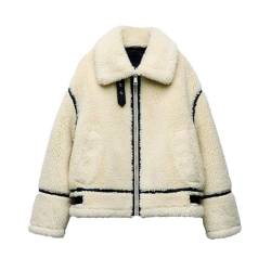 HEYDHSDC Mode Patchwork Fleece Mantel Für Frauen Lose Langarm Lammwolle Jacke Revers Oberbekleidung, Stil 1, 38 von HEYDHSDC