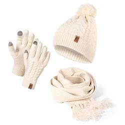 HEYO Damen Mütze Schal Winter Set | Gefütterte Strickmütze mit Bommel | Winterschal mit Fransen | Touchscreen Handschuhe (Beige) von HEYO