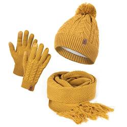 HEYO Damen Mütze Schal Winter Set | Gefütterte Strickmütze mit Bommel | Winterschal mit Fransen | Touchscreen Handschuhe (Senfgelb) von HEYO