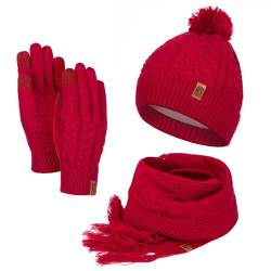 HEYO Damen Mütze Schal Winter Set | Gefütterte Strickmütze mit Bommel | Winterschal mit Fransen | Touchscreen Handschuhe (Weinrot) von HEYO